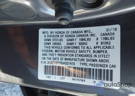 2018 Honda Civic Ex z USA, uszkodzony, nr VIN 2HGFC2F79JH531410